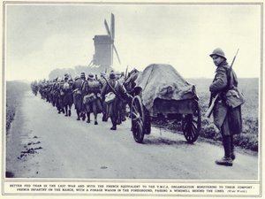 Französische Infanterie auf dem Marsch, mit einem Futterwagen im Vordergrund, aus The Illustrated War News, veröffentlicht am 22. November 1939